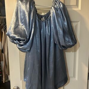Shimmery Slate Blue Puff-Sleeve Blouse